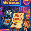 Illustration of a concerned human and a happy AI face facing each other, symbolizing the relationship between artificial intelligence and digital and video advertising.