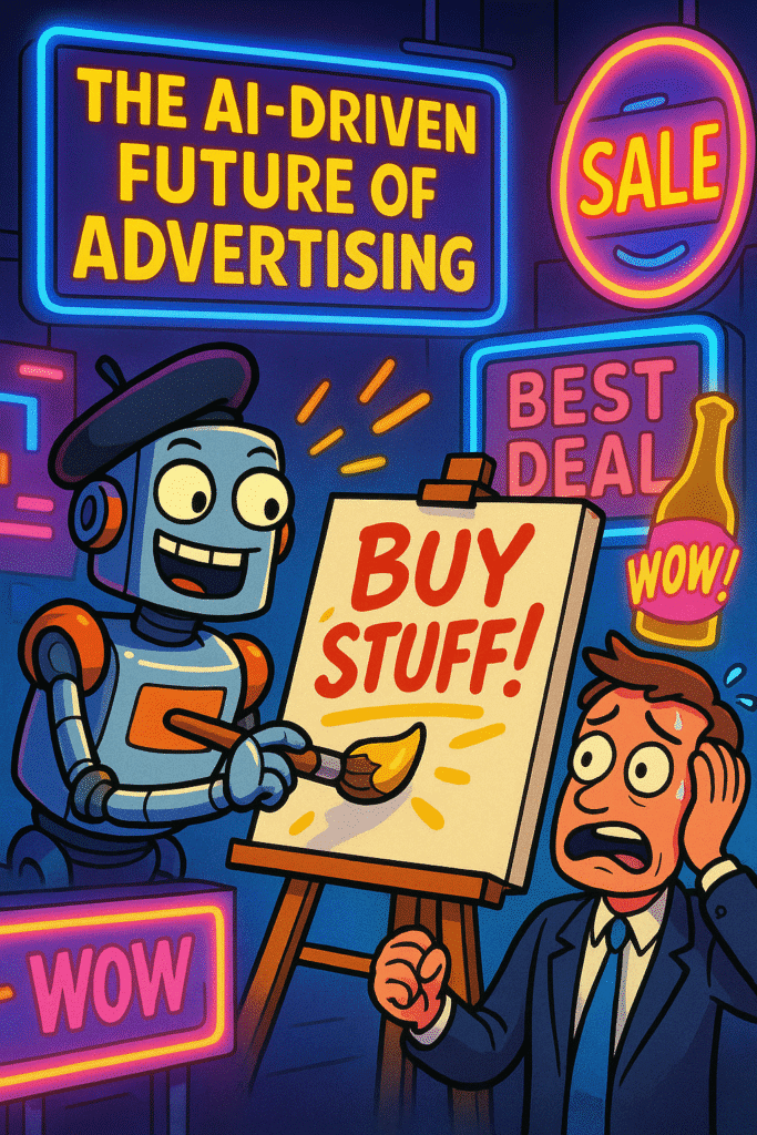 Illustration of a concerned human and a happy AI face facing each other, symbolizing the relationship between artificial intelligence and digital and video advertising.