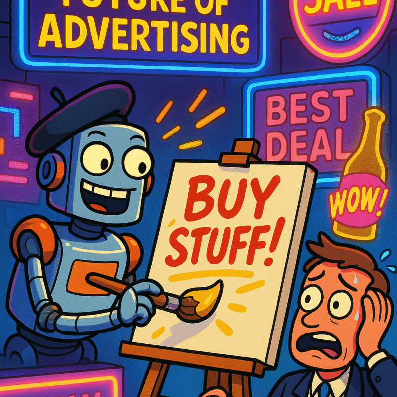 Illustration of a concerned human and a happy AI face facing each other, symbolizing the relationship between artificial intelligence and digital and video advertising.